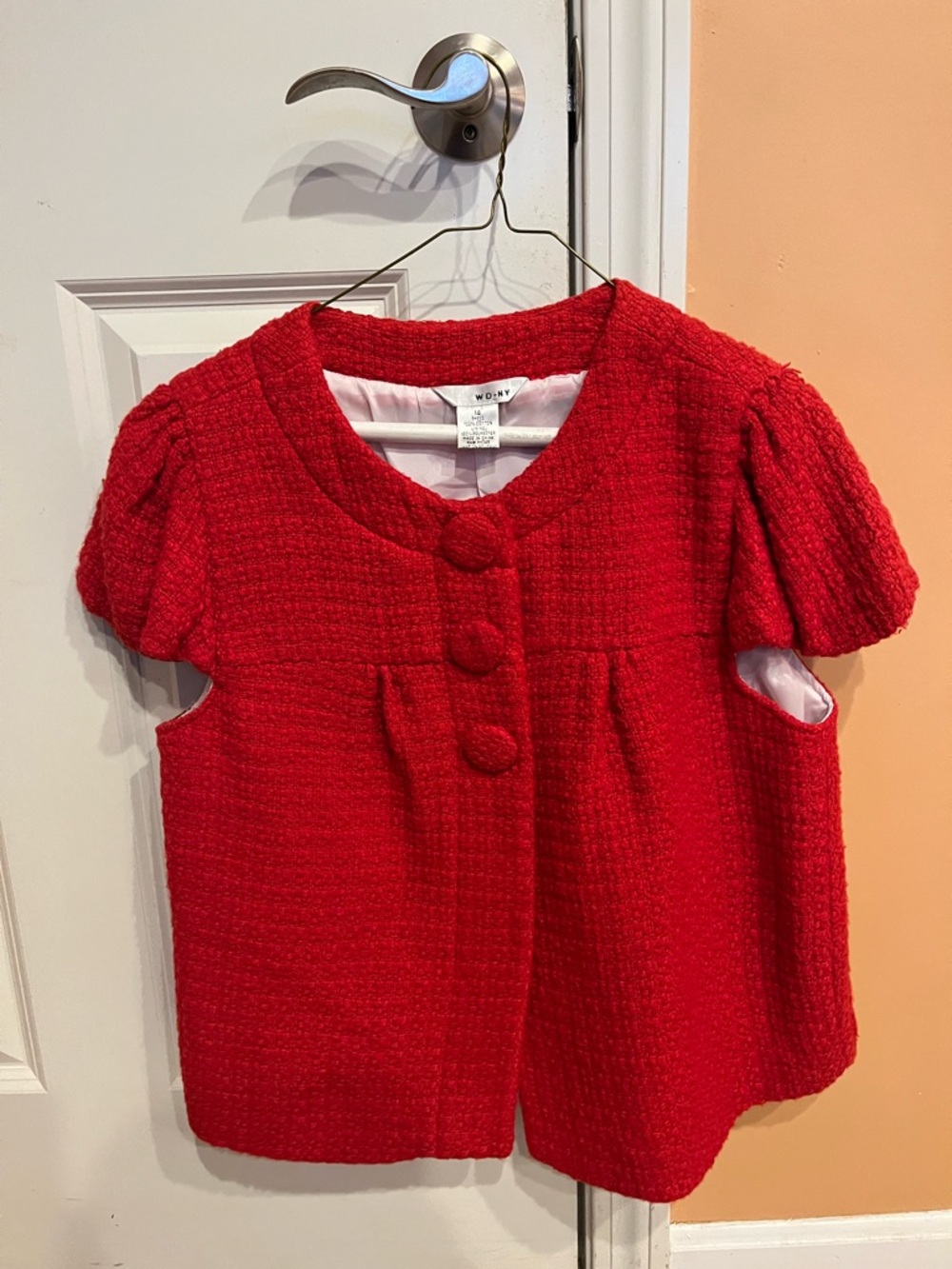 Red Tweed Short-Sleeve Jacket Girls